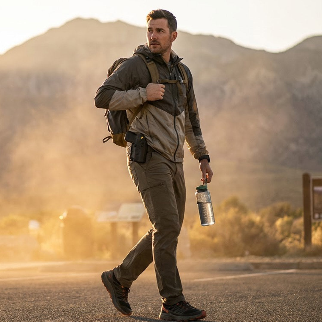Man hiking a desert trail at sunrise with a TASER Pulse 2 on his hip
