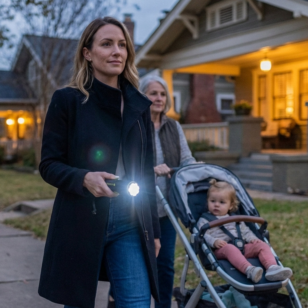 Woman on an evening neighborhood walk holding a TASER StrikeLight 2
