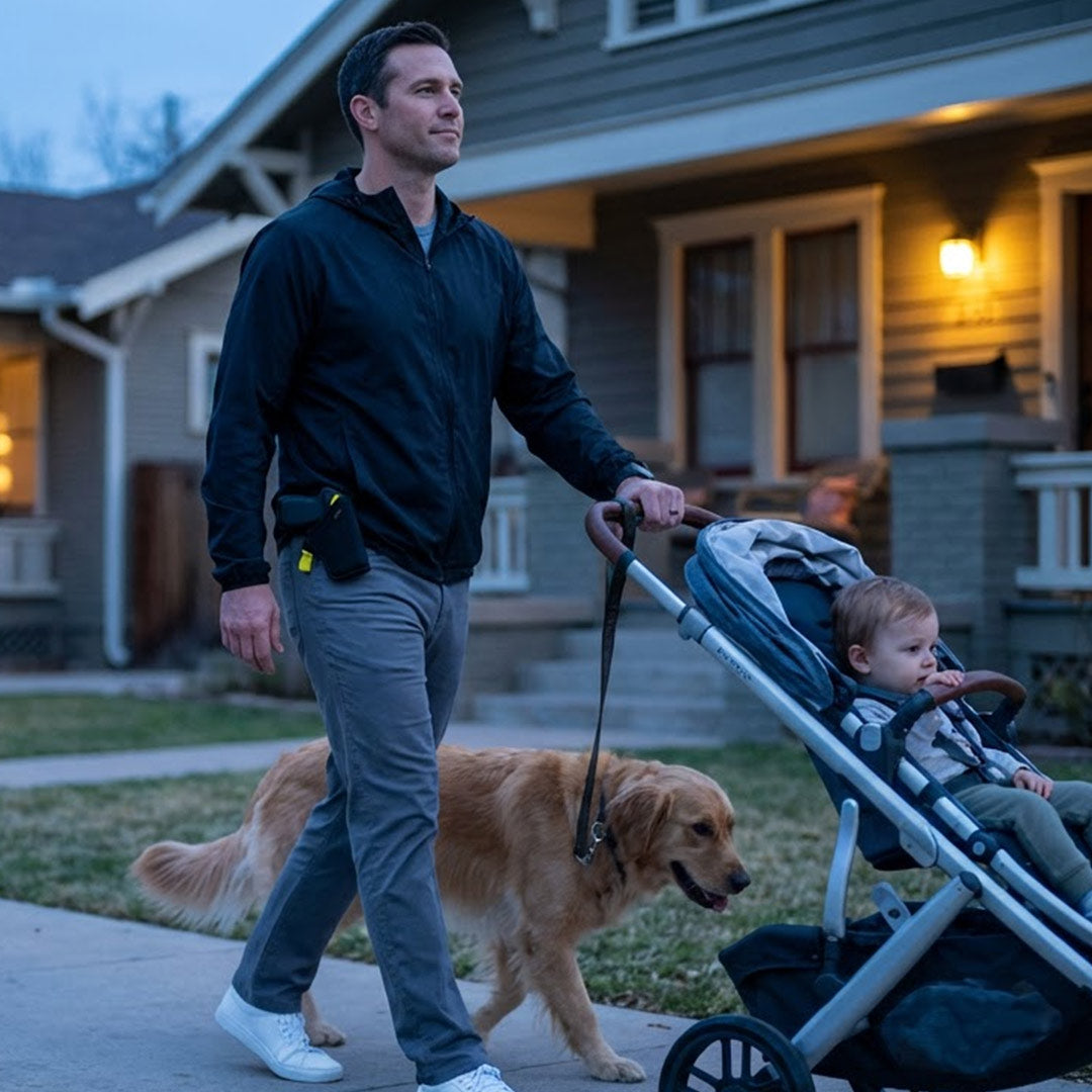 Father walking the dog and pushing a stroller at dusk with a TASER Pulse 2 on his hip