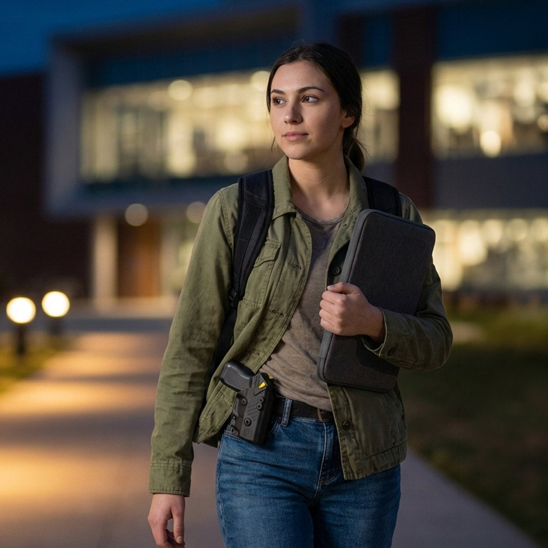 Woman walking a campus pathway at dusk with a backpack and laptop sleeve, a TASER Pulse 2 on her hip