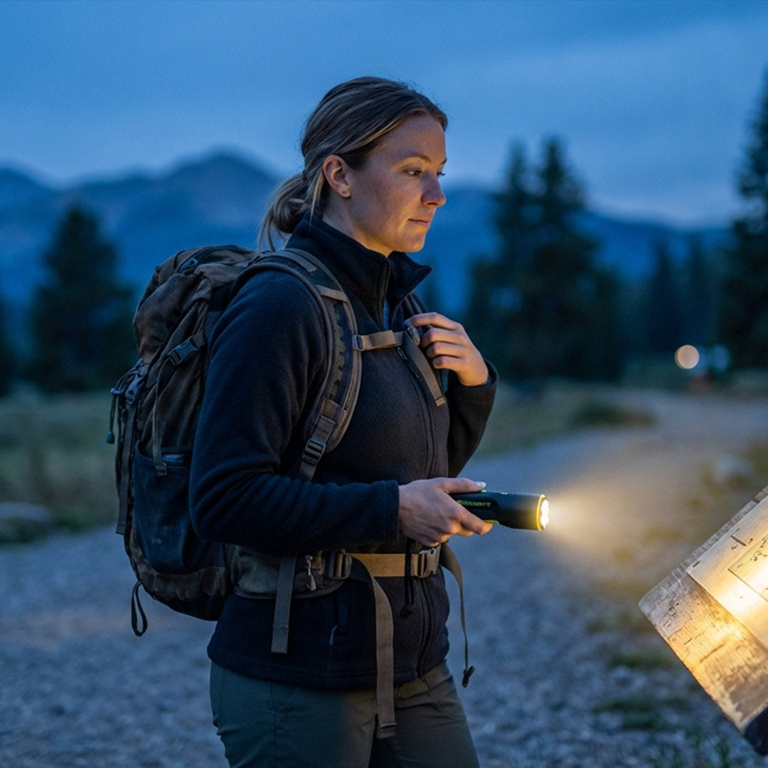 Woman reading a trailhead sign at dusk using a TASER StrikeLight 2 flashlight