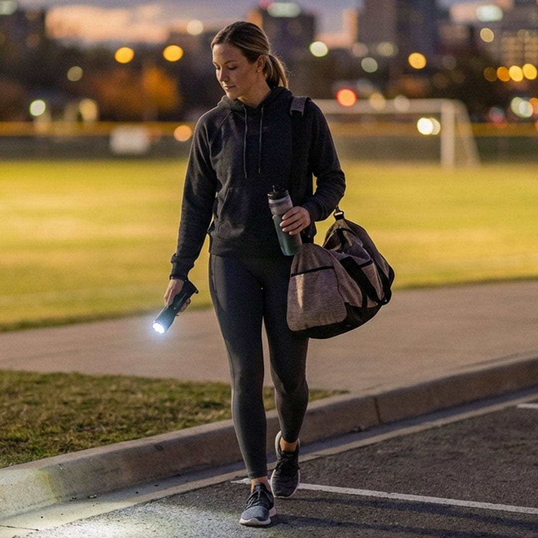 Woman crossing a park at night using a TASER StrikeLight 2 flashlight